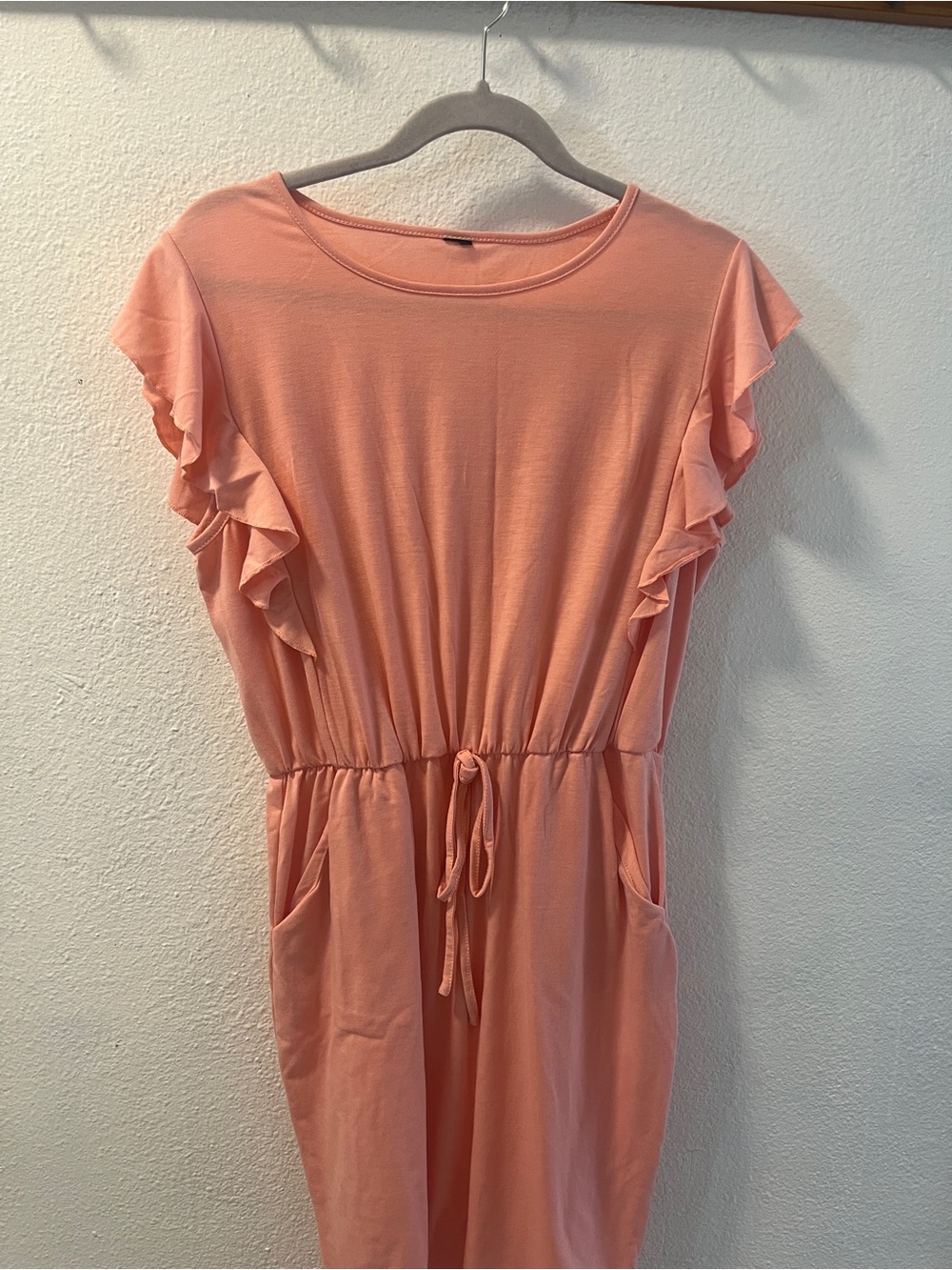 Women's Peach Ruffle Sleeve Drawstring Dress - Picture 3 of 9